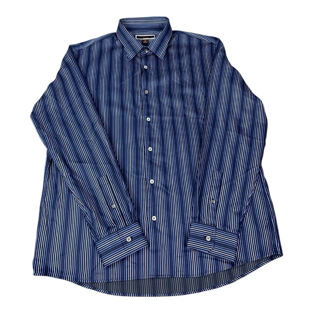 Michael Kors Long Sleeve Button Up Shirt, Blue Striped, Tailored Fit, Men’s XL